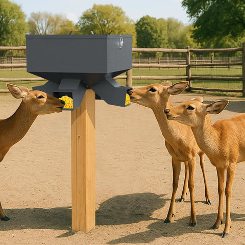 Hella Durable Metal Gravity Deer Feeder With Eighty Pound Capacity And Four Wide Feeding Ports Weather Proof Build Makes It A Buck Season Staple For Any Serious Hunting Camp Or Wildlife Corner Post Setup Today, deer feeding.