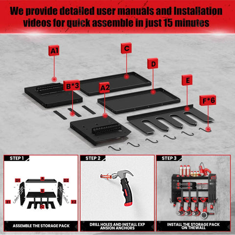 Heavy Duty Power Tool Organizer Wall Mount With 3 Layer Garage Storage Rack And Drill Holder components for easy assembly