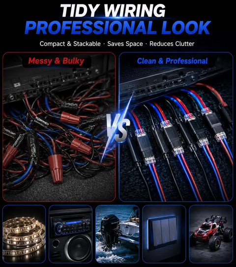 Comparison of messy wiring versus 50 Pack Quick Wire Connectors Kit No Solder Push In Double Wire Plug In Connector with Locking Buckle