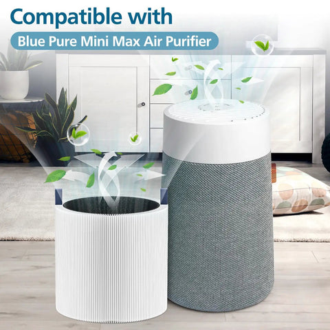 Mini Max Replacement Filter For Blue Pure Mini Max Air Purifier Plug And Play Fit, white cylindrical filter beside purifier