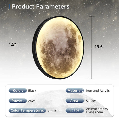 Moon Wall Light 19.7 Inch Plug In Modern LED Wall Lamp 24W Black Sconce With Warm 3000K Glow dimensions and features