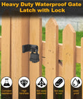 Heavy Duty 90 Degree Hasp Latch 4 Inch Stainless Steel Door Lock Rust Resistant mounted on a wooden gate with black lock.