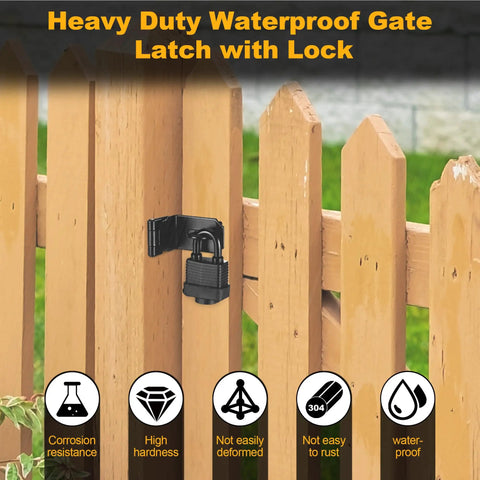 Heavy Duty 90 Degree Hasp Latch 4 Inch Stainless Steel Door Lock Rust Resistant mounted on a wooden gate with black lock.