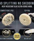 Comparison of competitor's pad and TCP pad for 3 Pack 8 Inch 100 Percent Wool Buffing And Polishing Pad With Hook And Loop Backing For Heavy Cutting And Polishing Oxidized Paint And Orange Peel On Cars Boats Trucks RVs And Marine Surfaces