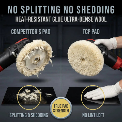 Comparison of competitor's pad and TCP pad for 3 Pack 8 Inch 100 Percent Wool Buffing And Polishing Pad With Hook And Loop Backing For Heavy Cutting And Polishing Oxidized Paint And Orange Peel On Cars Boats Trucks RVs And Marine Surfaces