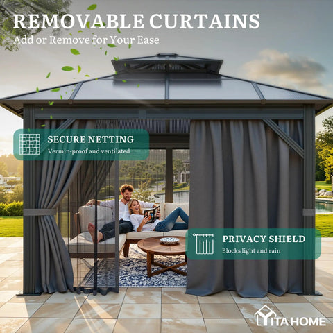 Front view of 10x10 Ft Polycarbonate Hardtop Gazebo With UV Blocking Roof All Season Weatherproof Patio Shelter Gray