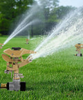 Two Pack Impact Sprinklers With Metal Step Spikes, Heavy Duty Zinc Alloy Lawn Sprinkler Heads On Spike Bases in action
