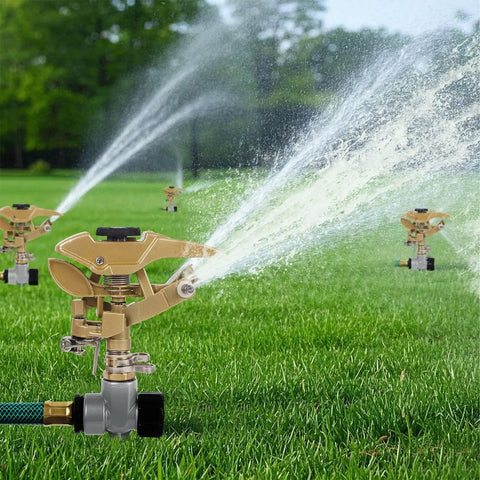 Two Pack Impact Sprinklers With Metal Step Spikes, Heavy Duty Zinc Alloy Lawn Sprinkler Heads On Spike Bases in action