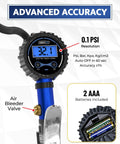 Digital Bike Tire Inflator With Pressure Gauge For Presta And Schrader Valves showing 0.1 PSI resolution and battery compartment