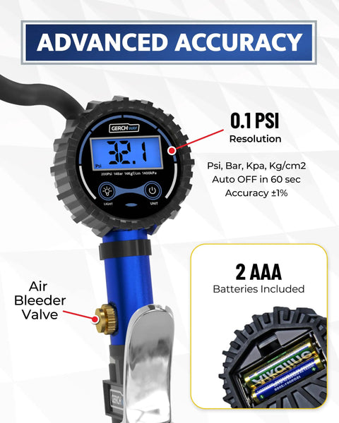 Digital Bike Tire Inflator With Pressure Gauge For Presta And Schrader Valves showing 0.1 PSI resolution and battery compartment