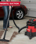 Person using Beast All In One Wet Dry Vacuum With Detachable Blower 6 Gallon 5 Peak HP 70 CFM Suction 190 MPH Blower in garage