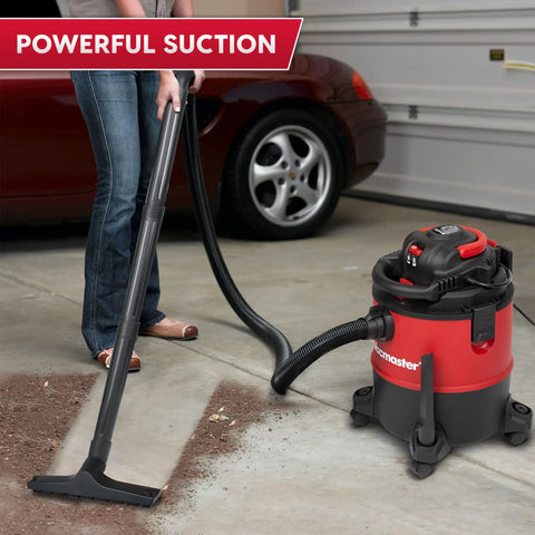 Person using Beast All In One Wet Dry Vacuum With Detachable Blower 6 Gallon 5 Peak HP 70 CFM Suction 190 MPH Blower in garage