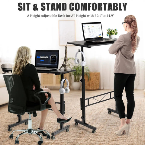 Two women using Rollin Standing Desk With Adjustable Height On Wheels For Treadmill Sessions Portable Sit Or Stand Computer Table, one sitting and one standing