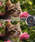 Dope 48MP USB Camera Module With Wide Angle Lens showing clarity with a close-up of a cat and flowers, 100-degree low distortion lens.