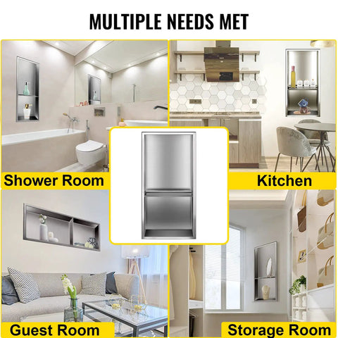 304 Stainless Steel Shower Niche 12 By 24 By 4 Inches Wall Inset Recessed Shelf in various room settings.