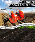 Adjustable Double Row Garden Seeder Planter For Hand Push Seeding on a field, red wheels, stainless steel frame, home and small farm use