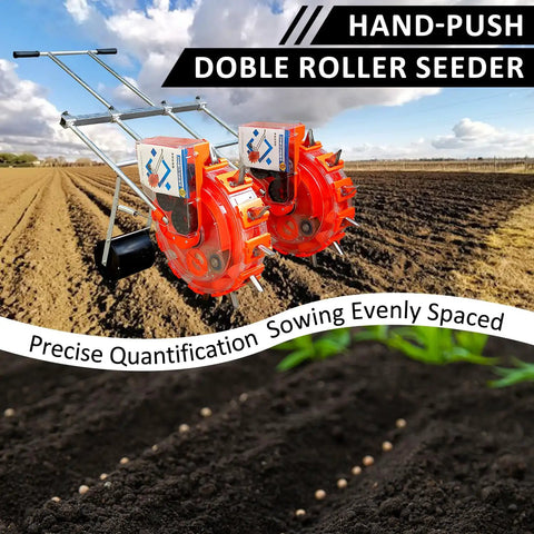 Adjustable Dual Row Hand Push Seeder for Garden Dope Multi Crop Planter Tool with 12 and 8 mouth options in field.
