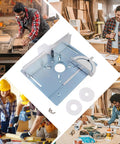 Aluminum Router Insert Plate With Pre-Drilled Holes For Trimming Machines, featuring anodized alloy, woodworking images in background.