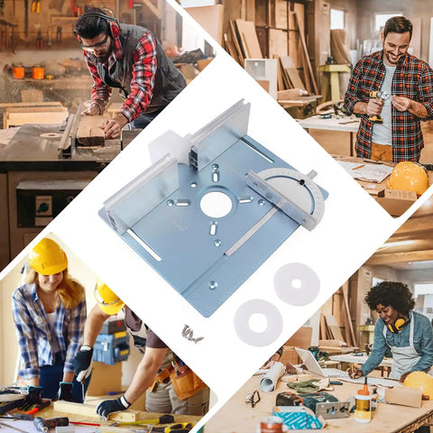 Aluminum Router Insert Plate With Pre-Drilled Holes For Trimming Machines, featuring anodized alloy, woodworking images in background.