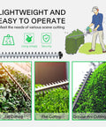 Infographic of 20 Inch Cordless Hedge Trimmer With 20V Power, Dual Action Laser Blade Delivers 1400 RPM, trimming methods depicted.