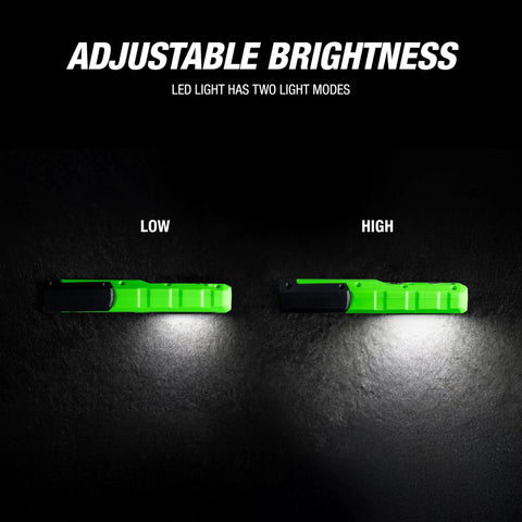 Workhorse 7 Inch Dual Mode LED Work Light With Magnetic Base And 360 Degree Hook Hands Free Underhood Beam For Mechanics Rechargeable USB Adjustable Brightness 600 Lumens Beast Gift For Men And DIYers showing low and high brightness modes