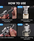 Instructions for using Dual Function Pipe Threading Tool Set For One Half And Three Quarter Inch Pipes With Internal And External Threads Integrated Cutting Electric Drill Compatible PVC Water Pipe Threader Kit Two Piece Set shown in four steps.