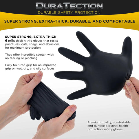 Heavy Duty Black Nitrile Disposable Gloves 6 Mil Extra Thick latex-free gloves being stretched to show durability and fit.