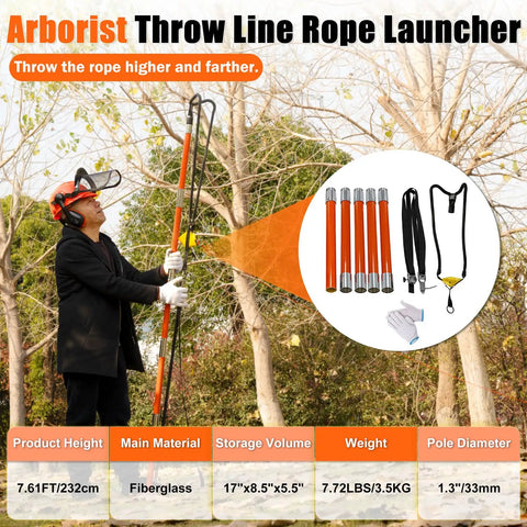 Arborist Throw Line Slingshot Kit With Trigger For Tree Work Portable Rope Placement, includes fiberglass rods and accessories in use.