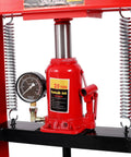 Close-up of Heavy Duty 20 Ton Hydraulic Shop Press With Easy Read Pressure Dial showing hydraulic jack and pressure gauge.