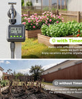 Sprinkler Timer For Garden Hose, No Fuss Programmable Watering Scheduler with Rain Delay shown in use with healthy garden plants