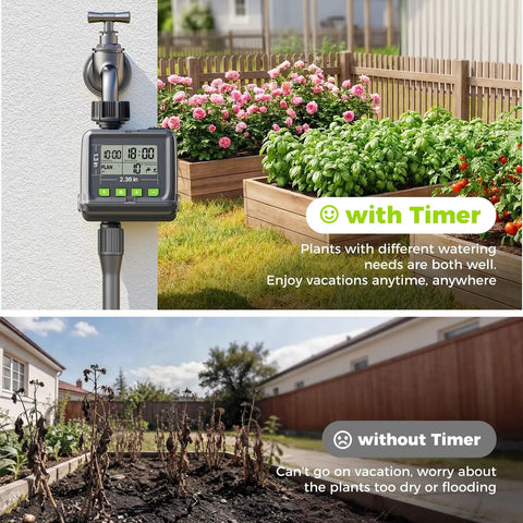 Sprinkler Timer For Garden Hose, No Fuss Programmable Watering Scheduler with Rain Delay shown in use with healthy garden plants