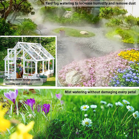 Irrigation Kit Automatic Watering System With Timer 64Ft One Quarter Inch Tubing 12 Rain Spray Watering Nozzles 4 Direction Fog Sprinklers For Potted Plants Yard Lawn Greenhouse Mist system in yard and greenhouse.