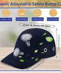Three Piece Bump Cap Baseball Hat Style Hard Hat Helmet Safety Cap Breathable Lightweight in navy with size info displayed.