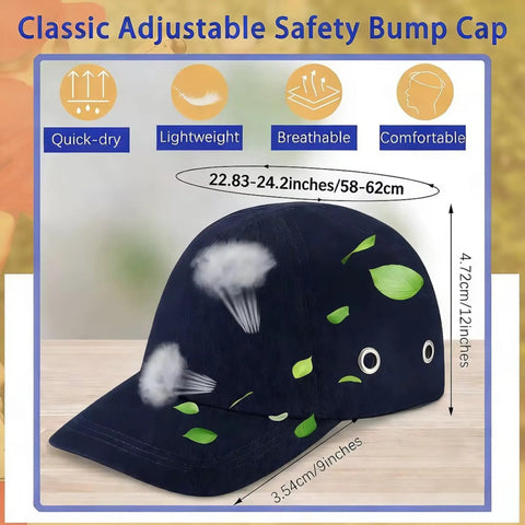 Three Piece Bump Cap Baseball Hat Style Hard Hat Helmet Safety Cap Breathable Lightweight in navy with size info displayed.