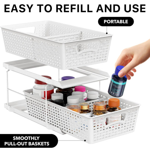Total Game Changer Slick Sliding Under Sink Organizer With Adjustable Divider And Portable White Baskets For Kitchen Cabinets And Bathroom Vanity No Sweat Storage with sliding baskets.