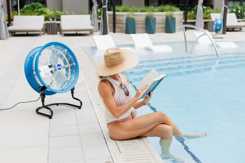 Blue 22 Inch High Velocity Floor Fan Heavy Duty Industrial Grade With Three Speeds And Three Position Tilt For Commercial And Residential Use Aluminum Propeller And Side Airflow Intake by a pool