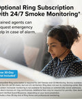 Optional Ring subscription service with 24/7 smoke monitoring support agent, enhancing Wireless Smart Smoke Detector with Live App Alerts.