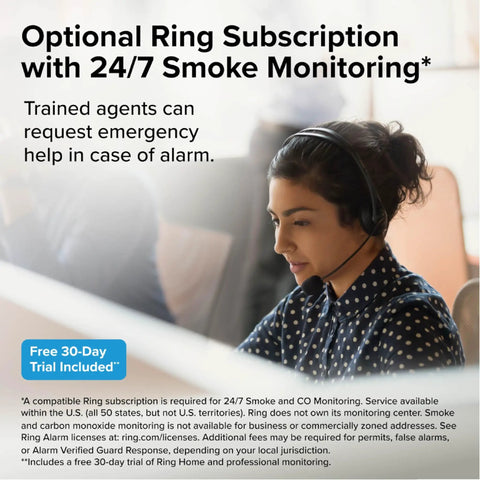 Optional Ring subscription service with 24/7 smoke monitoring support agent, enhancing Wireless Smart Smoke Detector with Live App Alerts.
