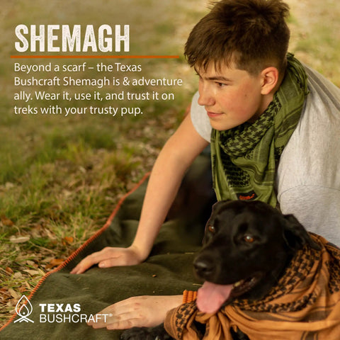 Person wearing Desert Shemagh Tactical Scarf 43x43 Inches, 100 Percent Cotton with dog, showcasing outdoor use.