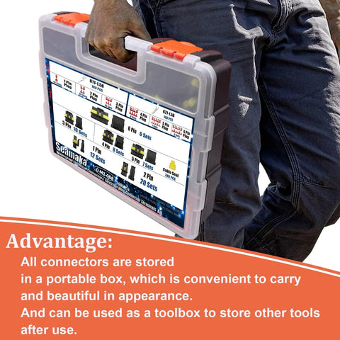 Person carrying case of Waterproof Automotive Wire Connector Kit With 1008 Pieces And 63 Sets 1 Pin To 6 Pin Male And Female Plug Connectors