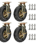 Heavy Duty Swivel Caster Set Of Four, 10 Inch Pneumatic Rubber Wheels With Hassle Free Parking Brake, detailed view of casters and hardware.