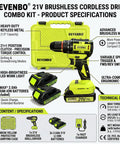 Heavy Lifting 21v Brushless Cordless Drill And Driver With Two Speed Gears Includes 20ah Lithium Battery Fast Charger And Rugged Carry Case specifications infographic.