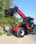 Pro Grade Telehandler Forklift With Precision Telescopic Boom, red and black with hydraulic lift, ideal for farms and job sites.