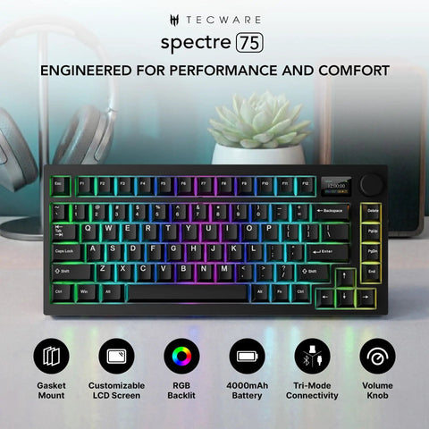Top Tier Mechanical Gaming Keyboard With Glowing LCD Screen And Control Knob Triple Mode Wireless Gasket Mount Hot Swappable Linear Red Switches For Your Sick Gamer Rig on a clean desk.