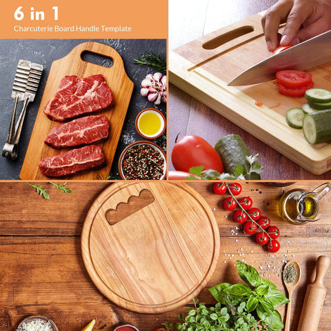 Six In One Charcuterie Board Handle Template displaying various cutting board shapes with food preparation examples