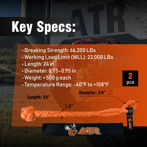 Soft Shackle With 66,200 Lbs Breaking Strength 3/4 Inch By 24 Inch - 2 Pack Orange UHMWPE Synthetic Rope specs
