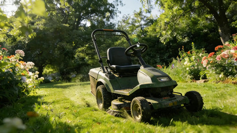 Lawn mower with green Ball Steering Wheel Spinner Booster Knob For Easy Turning And Quick Stops Universal Turning Assist Handle in garden.