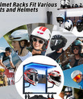 Badass Motorcycle Helmet Rack Wall Mount Featuring Remote Controlled RGB Ambient Light Strip For Grease Monkey Gear Storage With Solid Wood And Steel Build System with various helmets displayed.