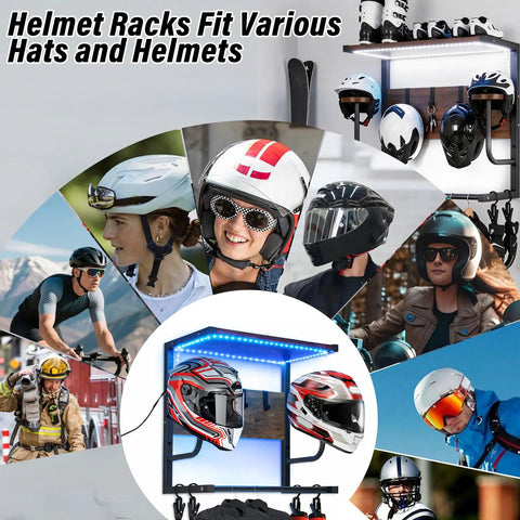Badass Motorcycle Helmet Rack Wall Mount Featuring Remote Controlled RGB Ambient Light Strip For Grease Monkey Gear Storage With Solid Wood And Steel Build System with various helmets displayed.