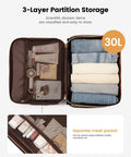 Open women's TSA rolling laptop bag showing organized storage with clothes and toiletries. Features 3-layer partition and mesh pocket.